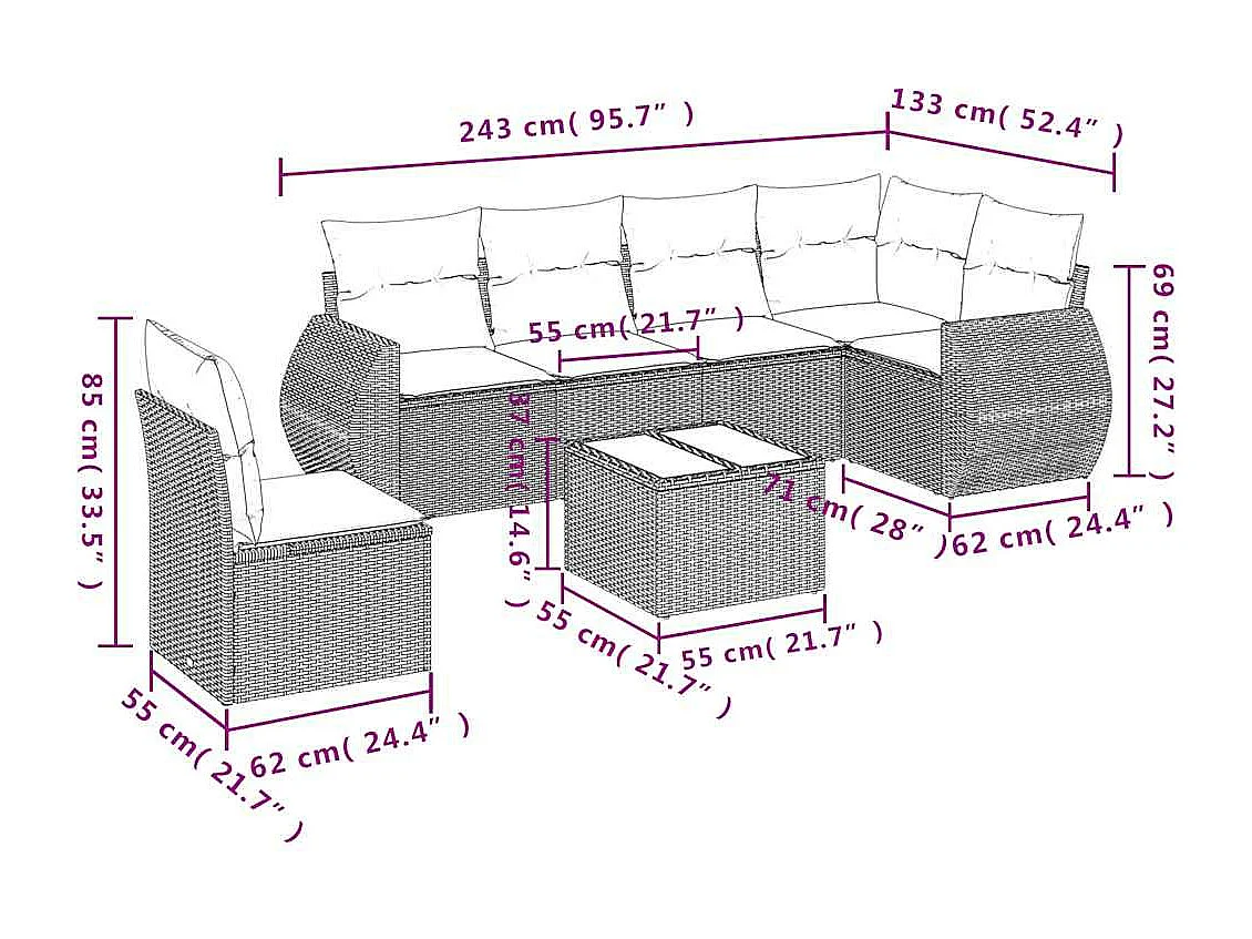 Salon de jardin avec coussins 7 pièces gris clair résine tressée