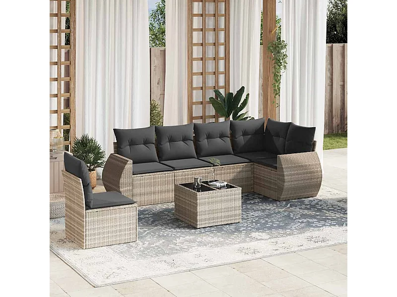 Salon de jardin avec coussins 7 pièces gris clair résine tressée