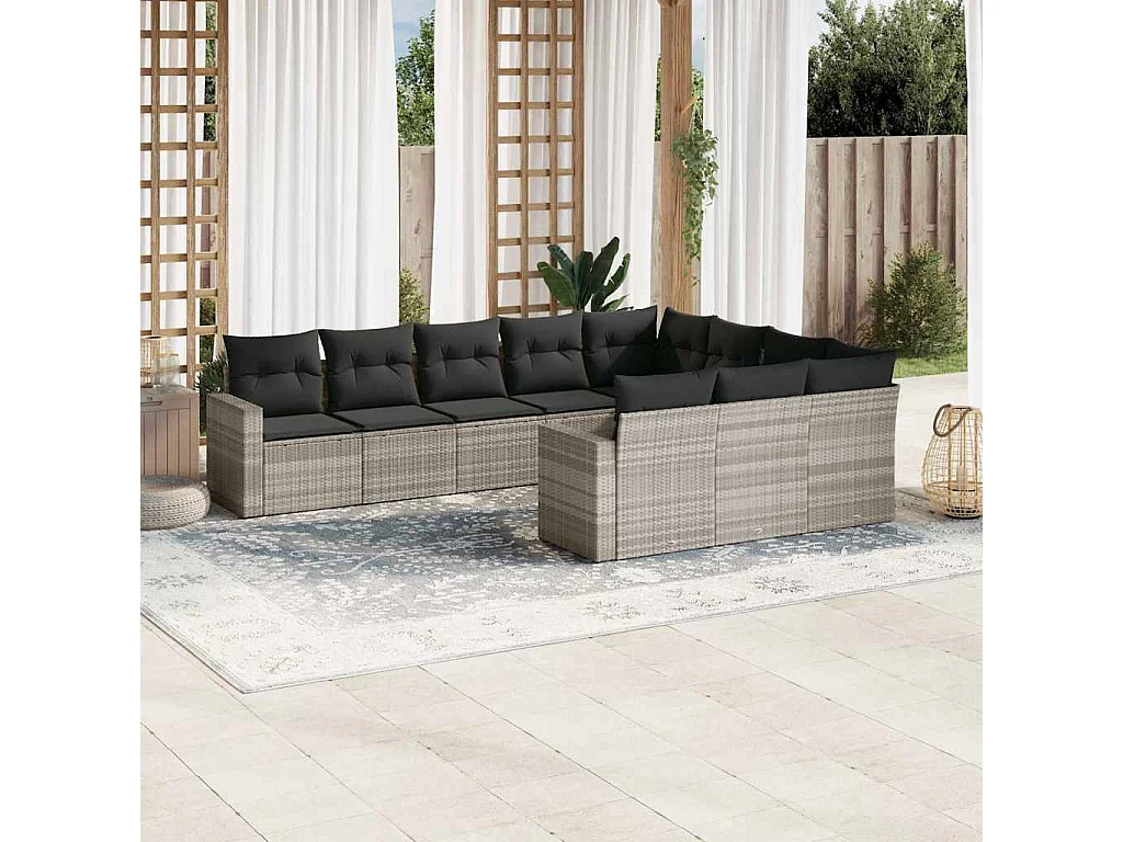 Salon de jardin avec coussins 10 pièces gris clair résine tressée