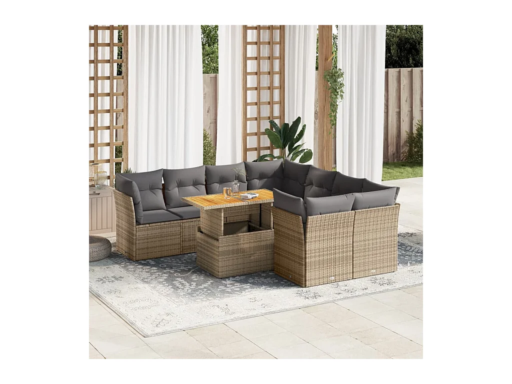 Salon de jardin avec coussins 9 pièces beige résine tressée