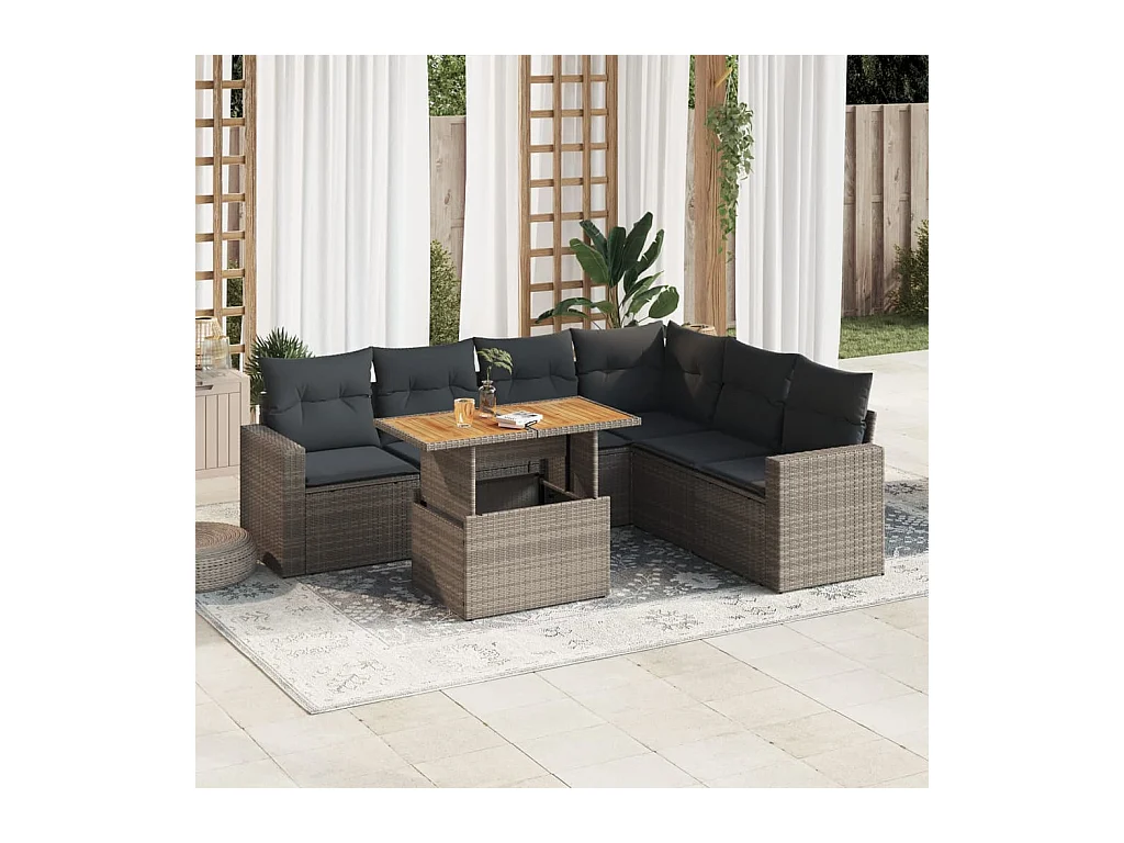 Salon de jardin avec coussins 7 pièces gris résine tressée