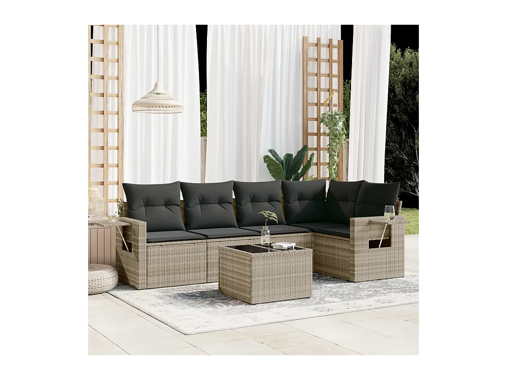 Salon de jardin 6 pièces avec coussins gris clair résine tressée