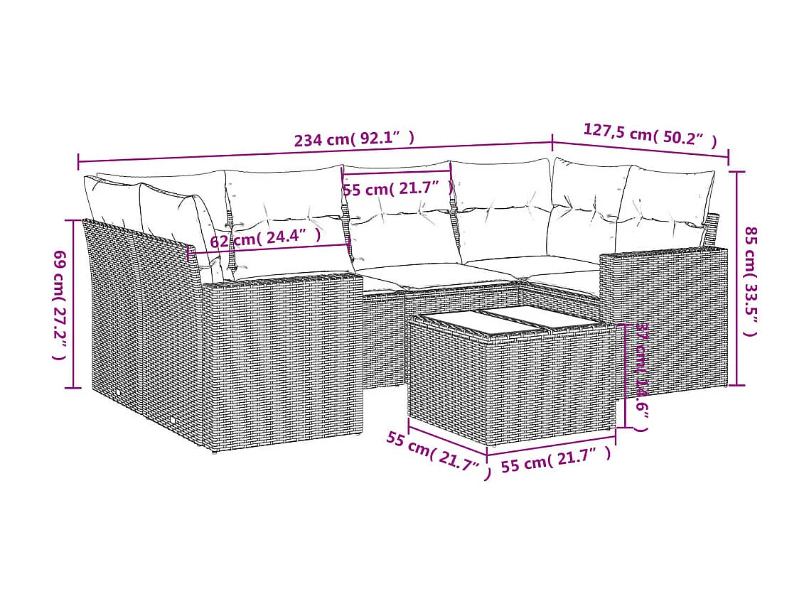 7-delige Loungeset met kussens poly rattan lichtgrijs