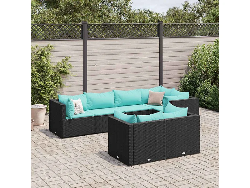 Set de muebles de jardín y cojines 7 piezas ratán sintético negro