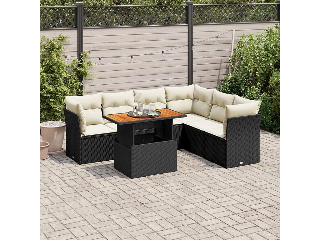 Salon de jardin 7 pièces avec coussins noir résine tressée