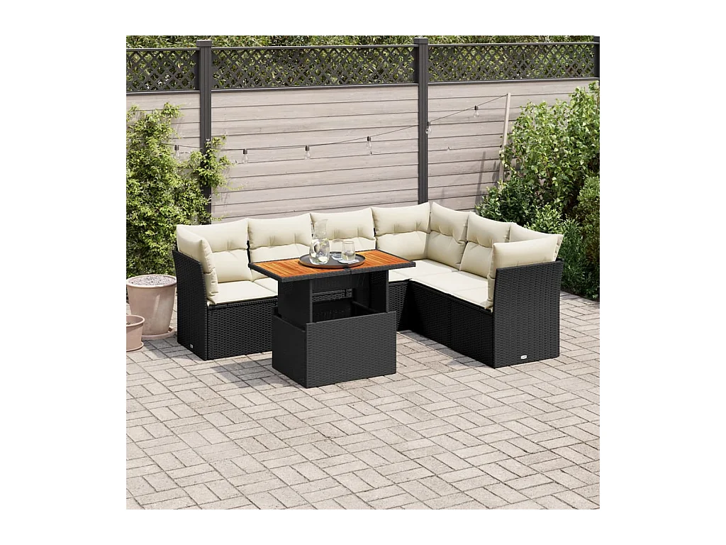 7-delige Loungeset met kussens poly rattan zwart