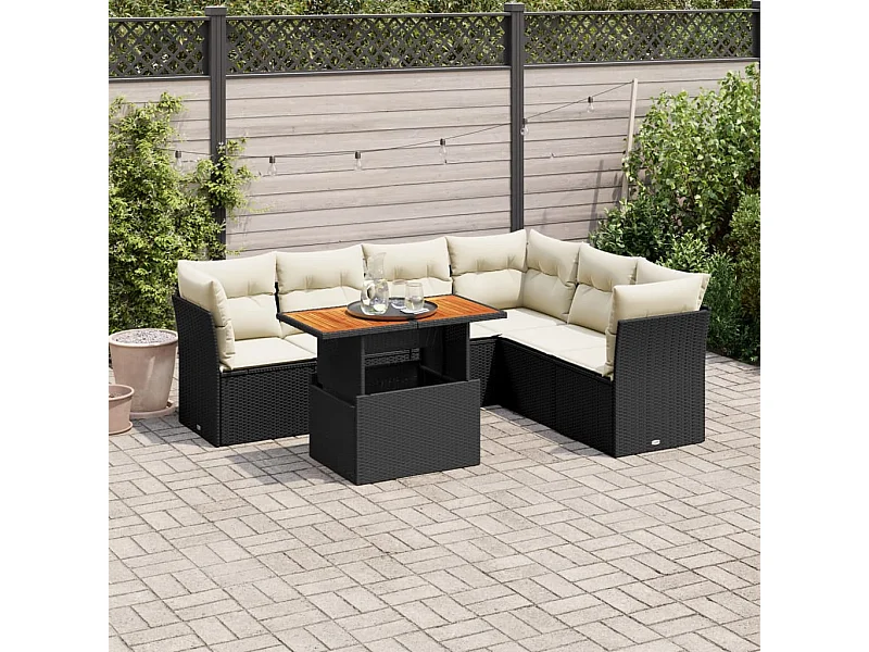 Salon de jardin 7 pièces avec coussins noir résine tressée