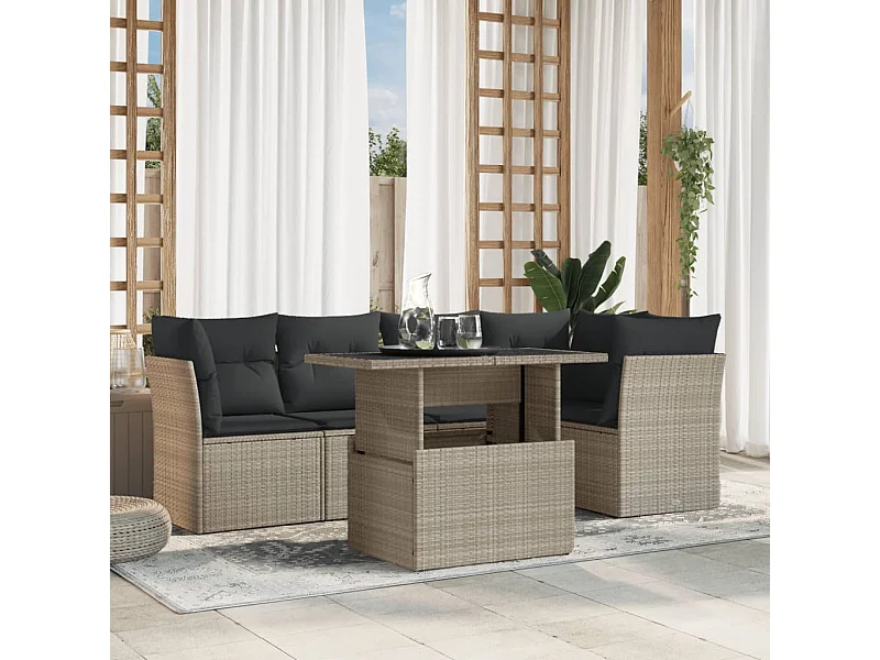 6-delige Loungeset met kussens poly rattan lichtgrijs