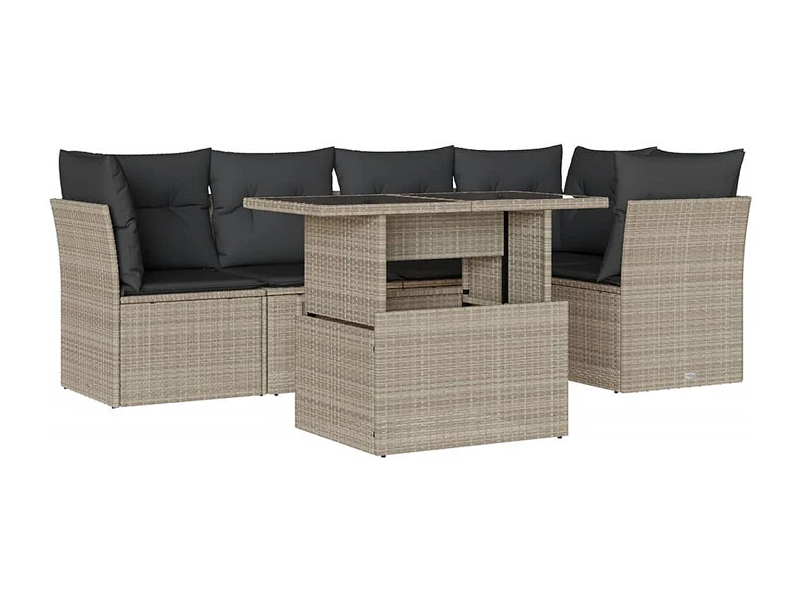 6-delige Loungeset met kussens poly rattan lichtgrijs
