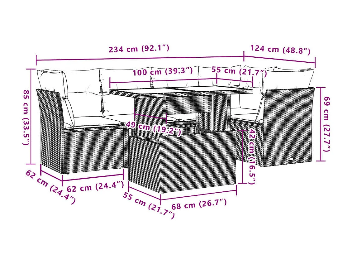 6-delige Loungeset met kussens poly rattan lichtgrijs