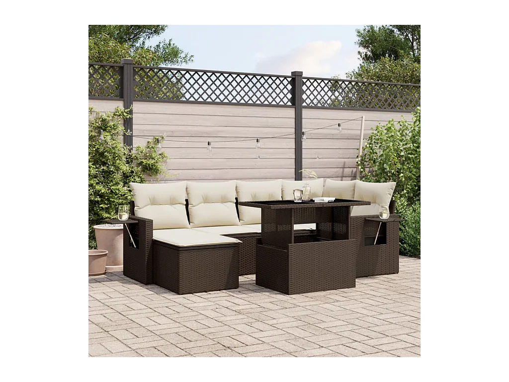 Salon de jardin avec coussins 7 pièces marron résine tressée
