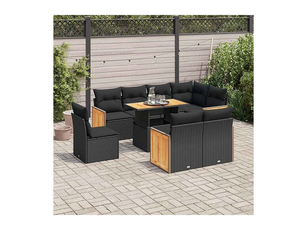 Salon de jardin avec coussins 9 pièces noir résine tressée acacia