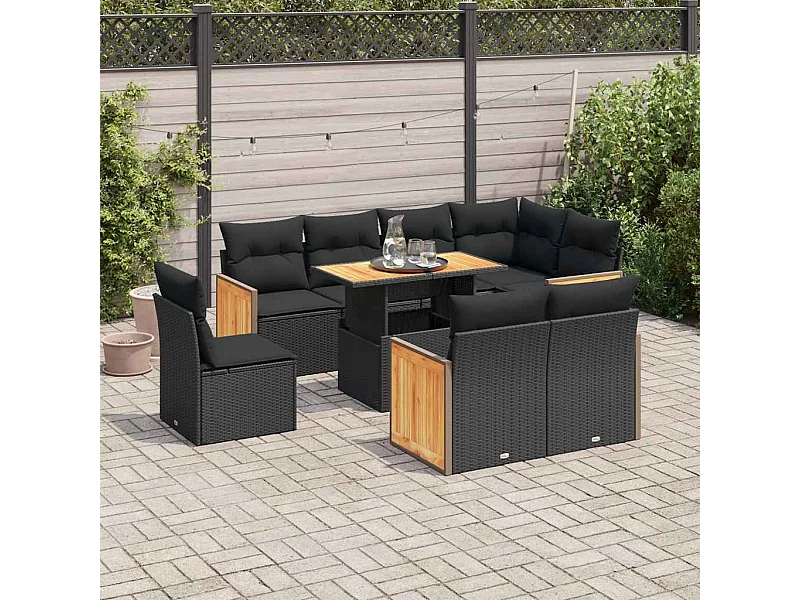 Set sofás jardín y cojines 9 piezas ratán sintético acacia negro