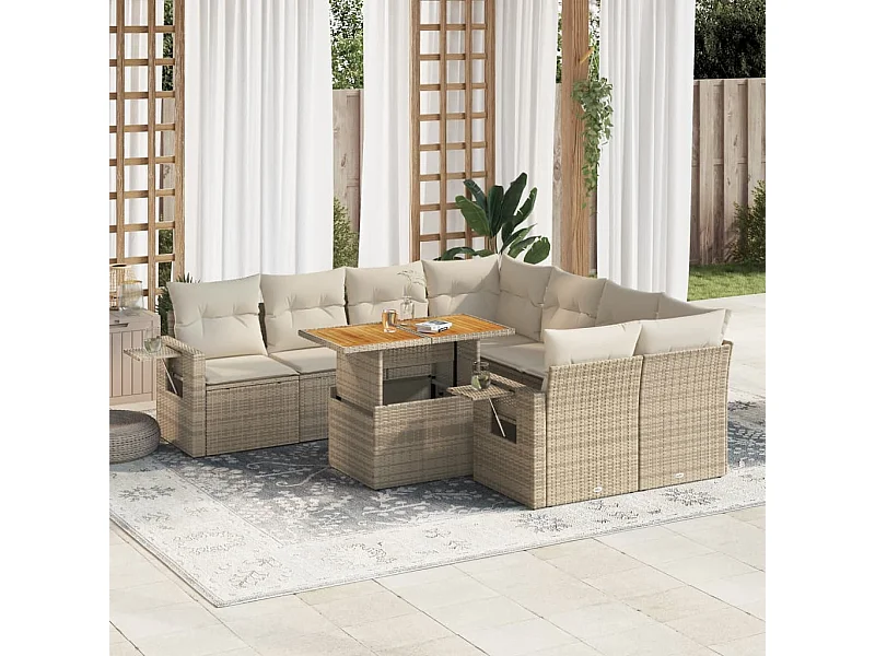 Salon de jardin avec coussins 9 pièces beige résine tressée