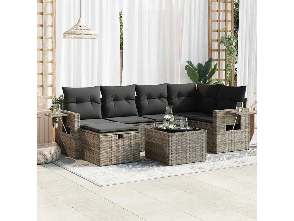 Salon de jardin avec coussins 7 pièces gris résine tressée