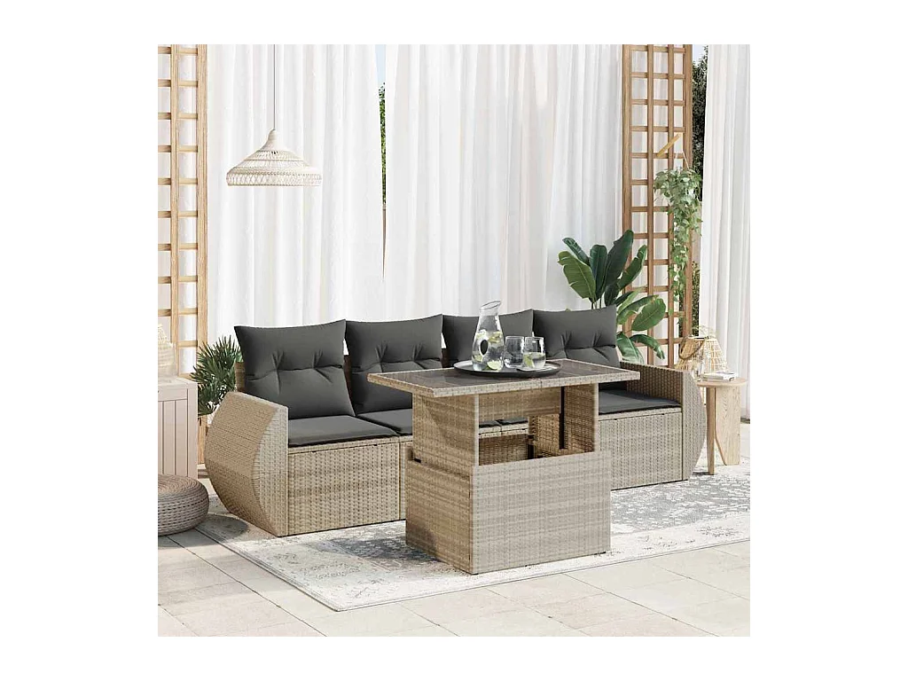Salon de jardin 5 pièces avec coussins gris clair résine tressée
