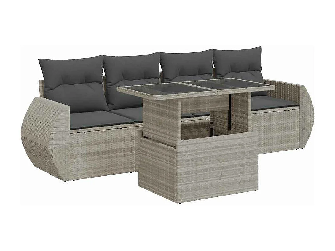 Salon de jardin 5 pièces avec coussins gris clair résine tressée