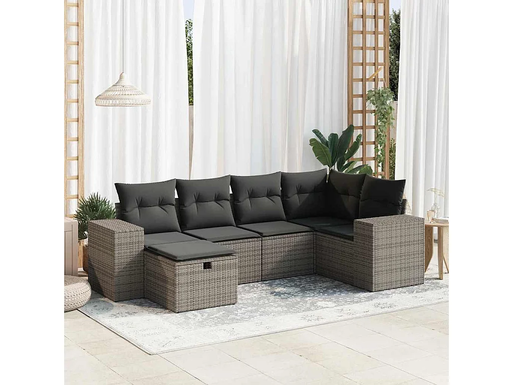 Salon de jardin 6 pièces avec coussins gris résine tressée