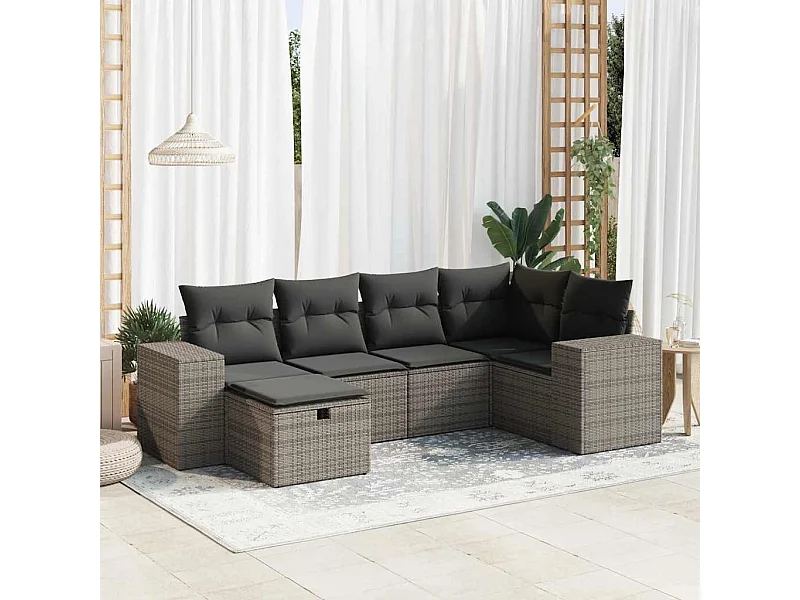 Salon de jardin 6 pièces avec coussins gris résine tressée