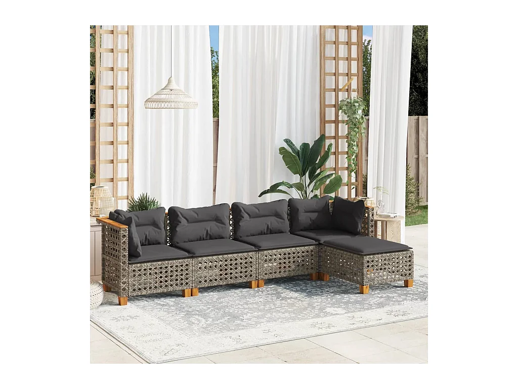 Salon de jardin 5 pièces avec coussins gris résine tressée