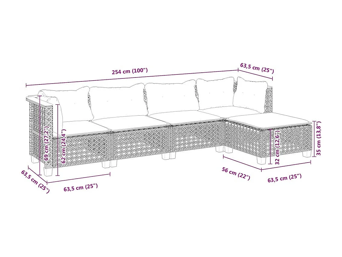 5-delige Loungeset met kussens poly rattan grijs