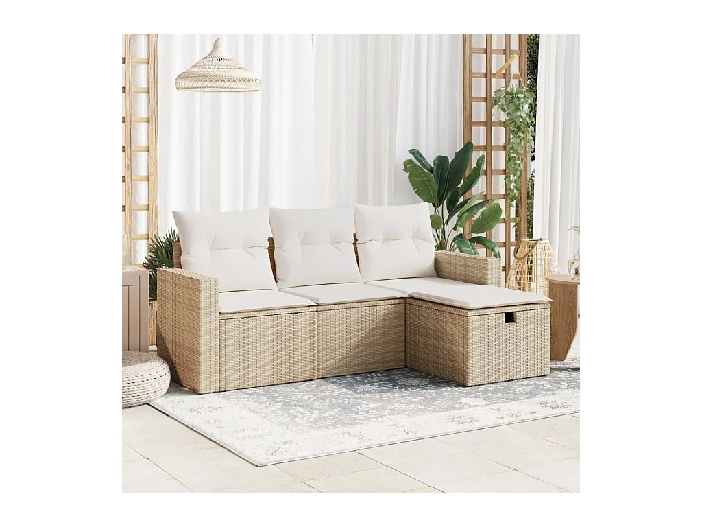 Salon de jardin avec coussins 4 pièces beige résine tressée