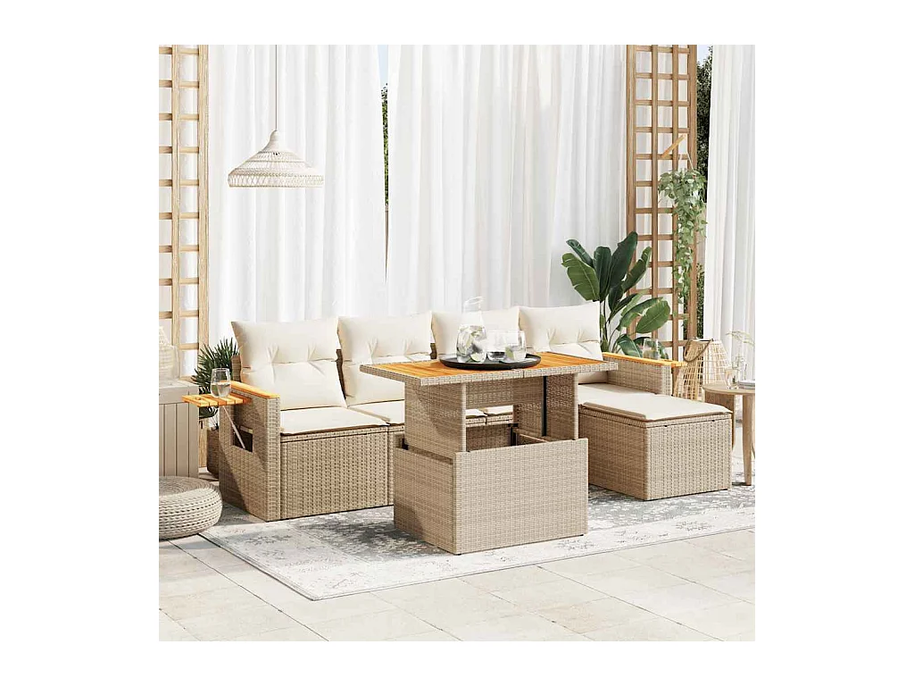 Salon de jardin avec coussins 7 pièces beige résine tressée acacia