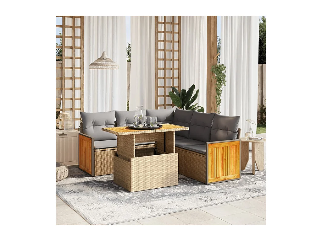 Salon de jardin avec coussins 6 pièces beige résine tressée