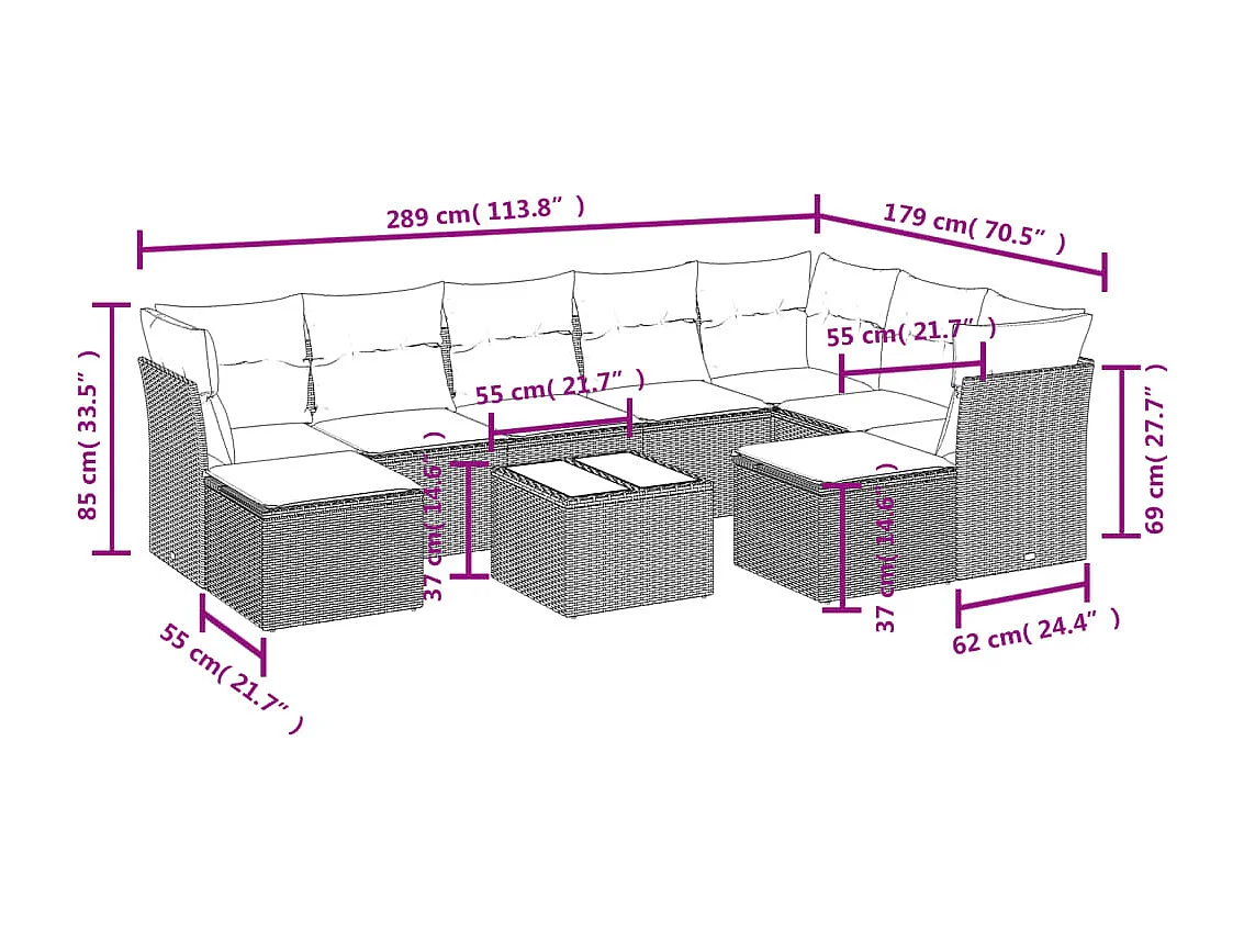 10-delige Loungeset met kussens poly rattan bruin
