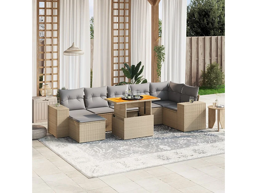 Salon de jardin avec coussins 8 pièces beige résine tressée