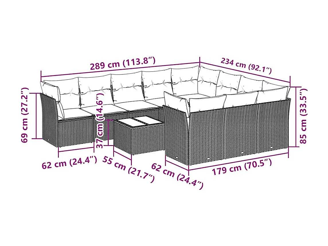 11-delige Loungeset met kussens poly rattan lichtgrijs