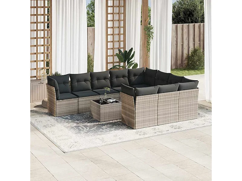 Salon de jardin 11 pièces avec coussins gris clair résine tressée