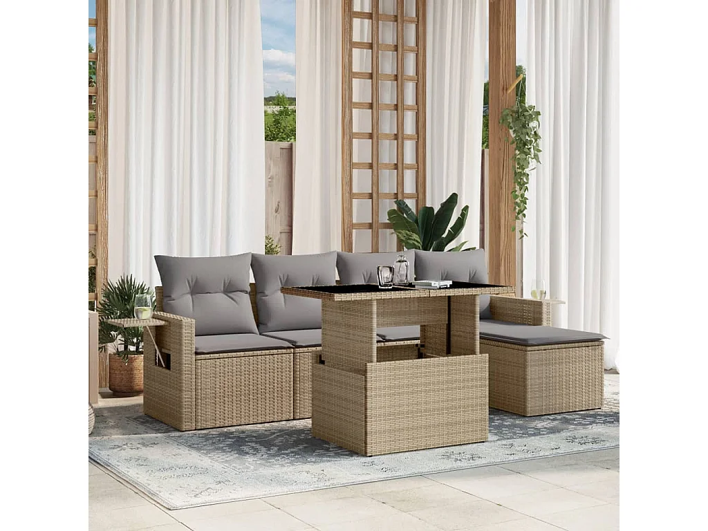 6-delige Loungeset met kussens poly rattan beige