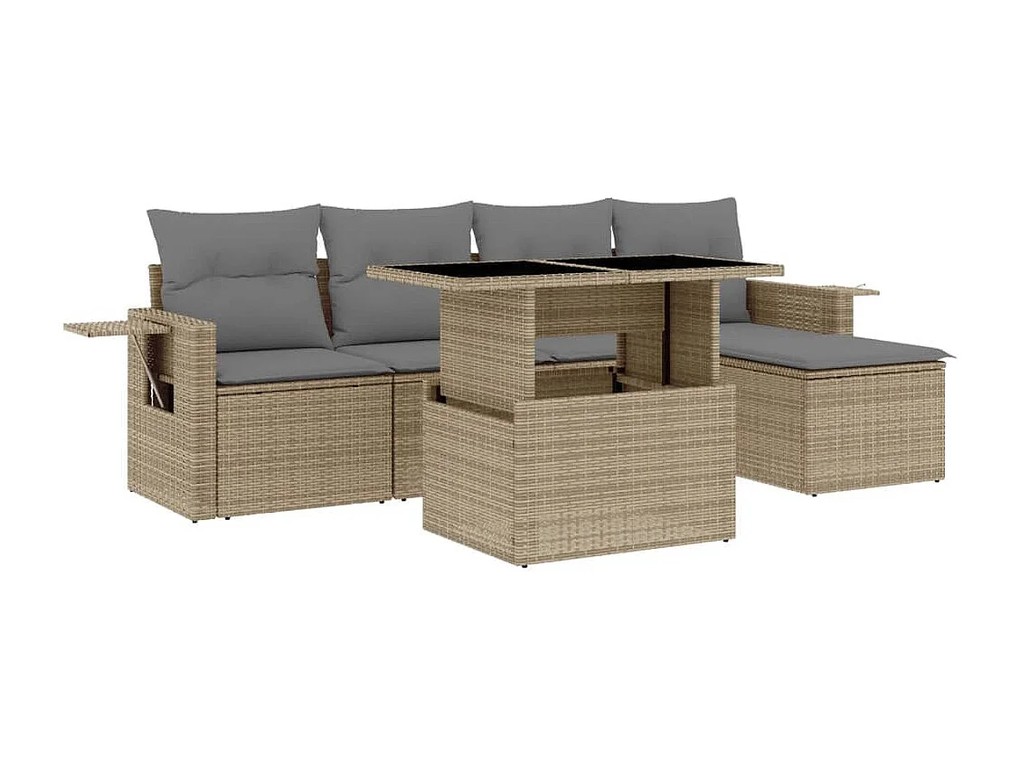 6-delige Loungeset met kussens poly rattan beige