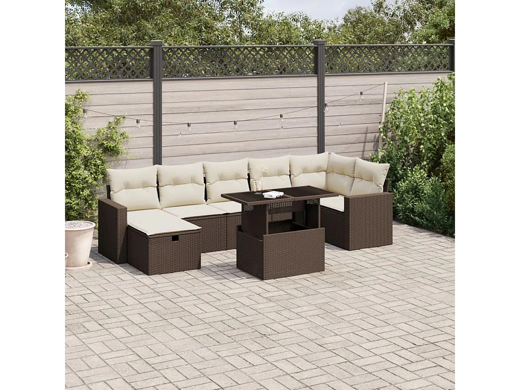 Set sofás de jardín 8 piezas y cojines ratán sintético marrón