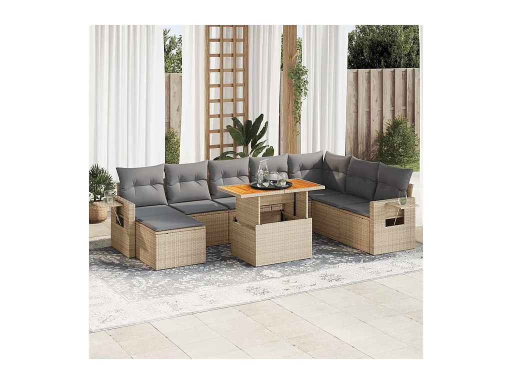 9 peças conjunto de sofás para jardim com almofadões vime PE bege