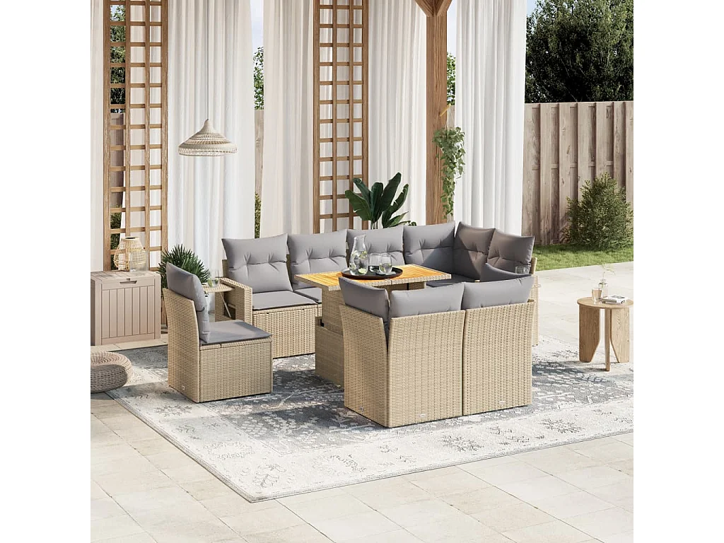 9-delige Loungeset met kussens poly rattan beige