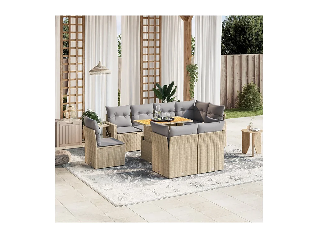 9-delige Loungeset met kussens poly rattan beige