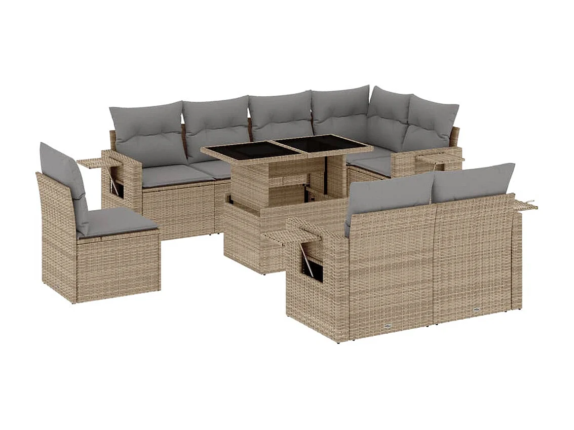 Salon de jardin avec coussins 9 pièces beige résine tressée
