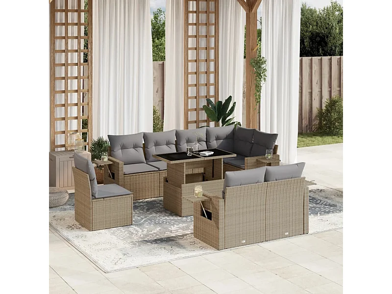 9-delige Loungeset met kussens poly rattan beige