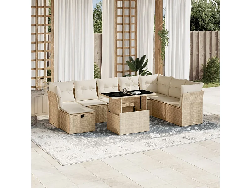 9 peças conjunto de sofás para jardim com almofadões vime PE bege