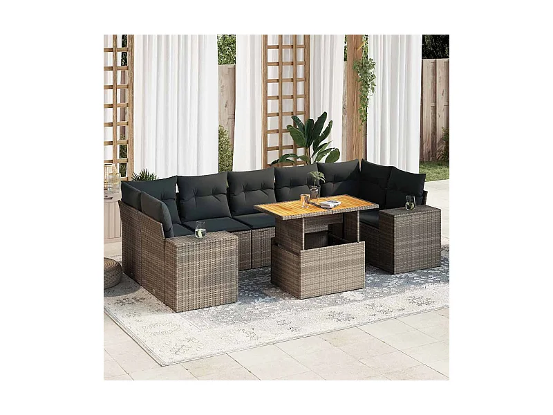 8 peças conjunto sofás de jardim com almofadões vime PE cinzento