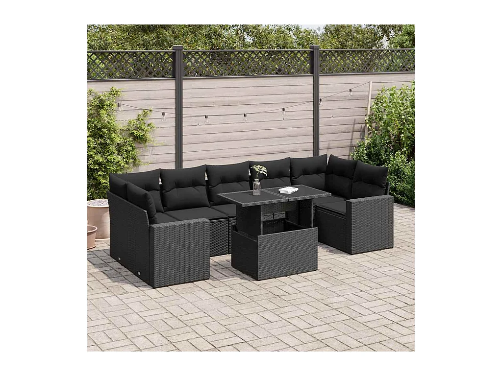 Salon de jardin 8 pièces avec coussins noir résine tressée