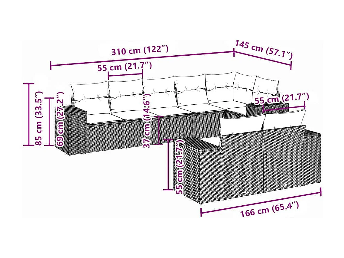 Set de sofás de jardín 8 piezas y cojines ratán sintético gris