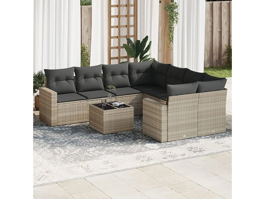 9-delige Loungeset met kussens poly rattan lichtgrijs
