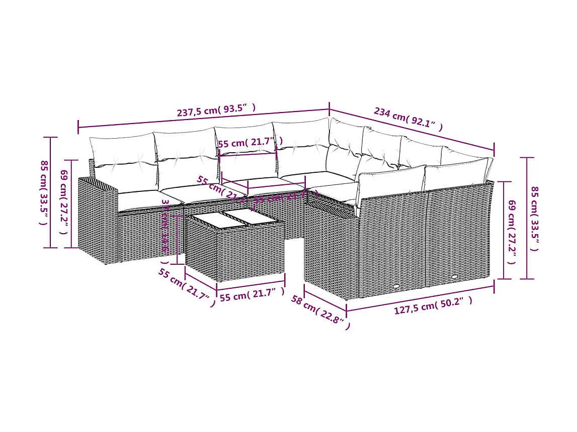 9-delige Loungeset met kussens poly rattan lichtgrijs