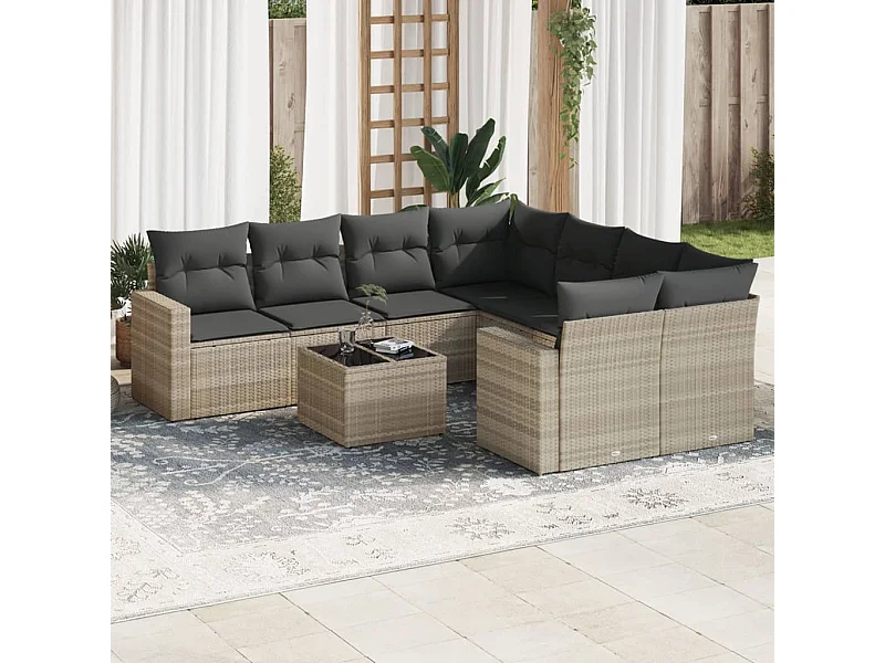 Set muebles jardín 9 piezas y cojines ratán sintético gris claro