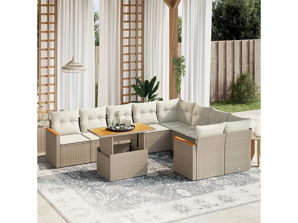 Salon de jardin avec coussins 10 pièces beige résine tressée