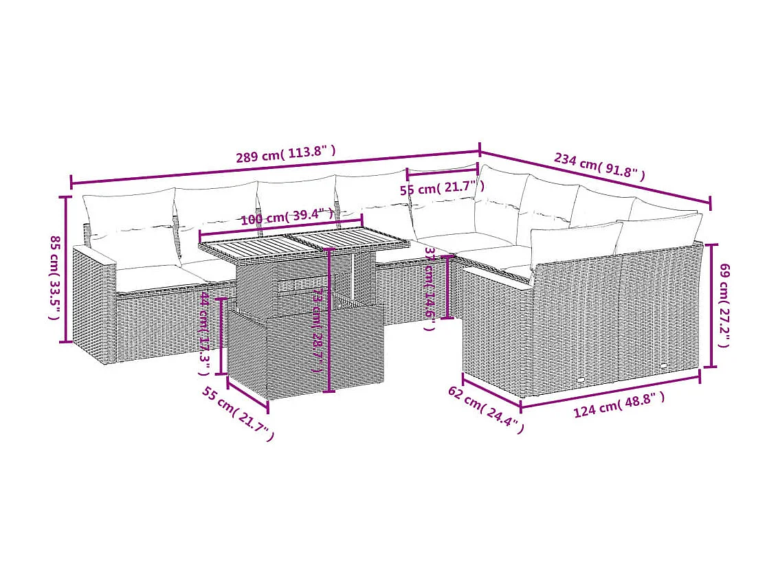 Salon de jardin avec coussins 10 pièces beige résine tressée
