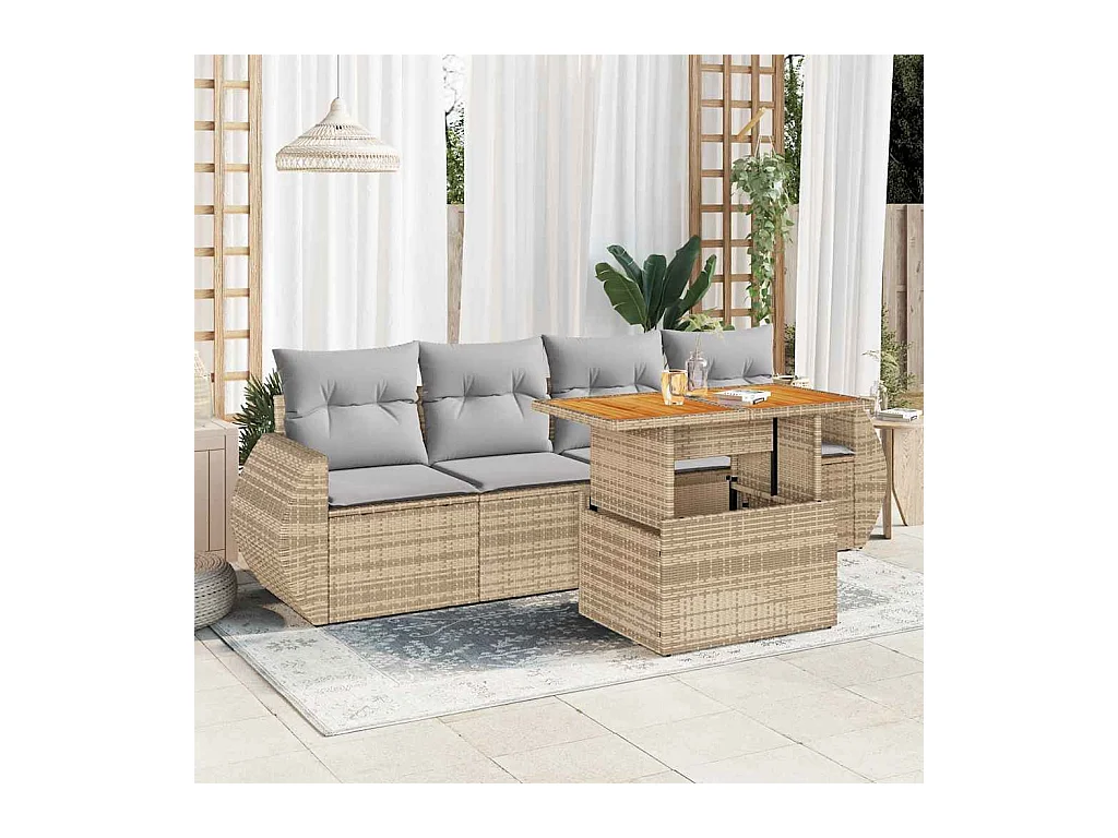 Salon de jardin avec coussins 5 pièces beige résine tressée